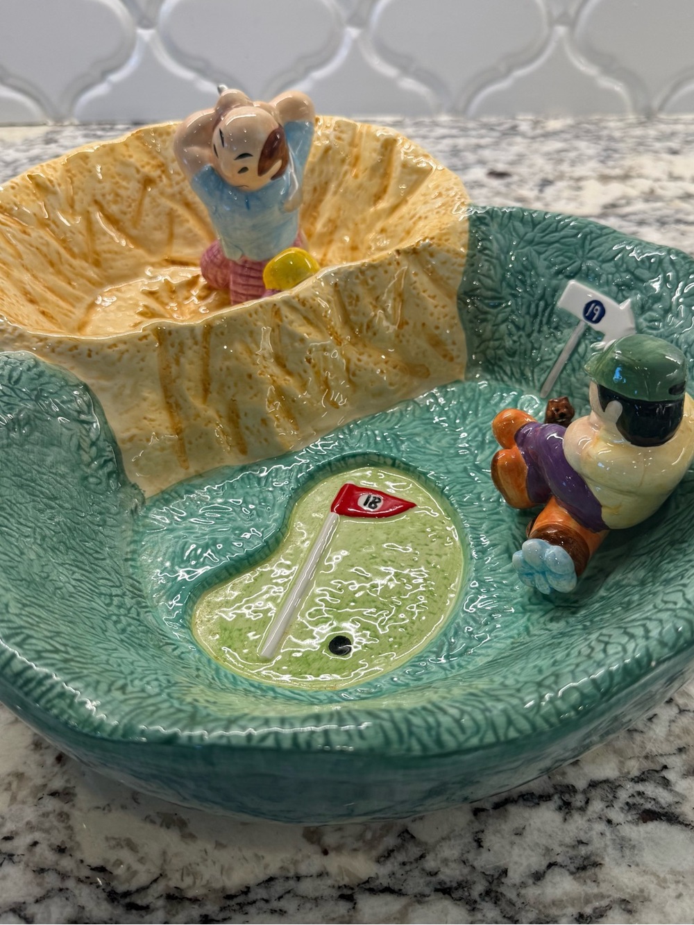 RARE Whimsical Vintage Lotus Hand-Crafted Ceramic Golf-Themed Chip and Dip Set